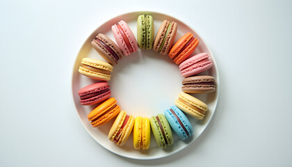 A circle of colorful macarons on a white plate.