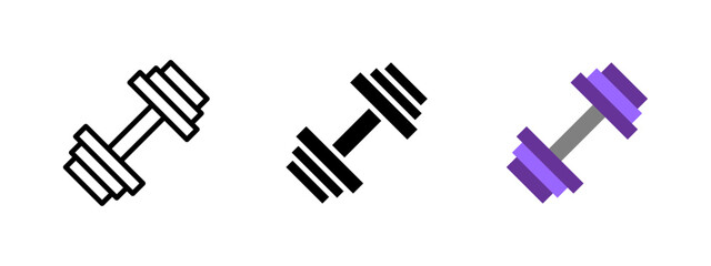 Dumbbell icon. Classic gym weight with stacked plates and central bar vector illustration. Used in fitness and strength training symbol. Sports equipment and exercise sign. Workout pictogram.