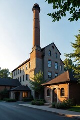 Urban Renewal Project: Tall Chimney and Stone Walls of a Bygone Textile Mill Integrated into New Residential Unit Development Exterior View
