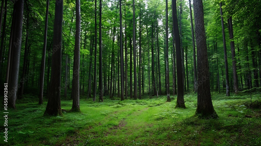 Fototapete A serene path winds through a lush, green forest, sunlight dappling through the dense canopy of tall trees, creating a tranquil and peaceful atmosphere. : Generative AI