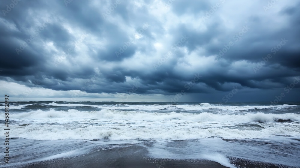 Poster dramatic ocean waves crashing on a beach under a stormy, dark sky. the powerful waves create white f
