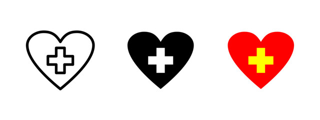 Medical heart icon. Red heart with yellow cross in the center vector illustration. Represents health care and emergency aid symbol. Used in clinics and rescue services sign. Healthcare pictogram.