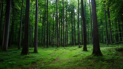 Obraz premium A serene path winds through a lush, green forest, sunlight dappling through the dense canopy of tall trees, creating a tranquil and peaceful atmosphere. : Generative AI