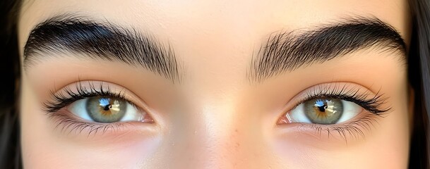 Obraz premium Close-up of a woman's eyes with dark brown eyebrows and light gray-colored eyelashes, and brown eye color
