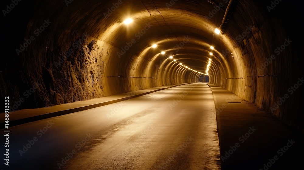 Poster Long, dimly lit tunnel with a concrete road stretching towards a distant light source, creating a sense of depth and mystery. : Generative AI