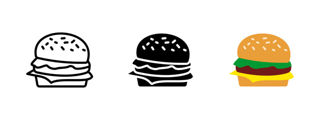 Burger icon. Cheeseburger with sesame bun, lettuce, meat and cheese slice vector illustration. Classic fast food meal symbol. Tasty snack for lunch or takeaway sign. Sandwich pictogram.