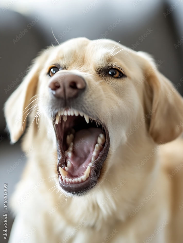 Poster close-up portrait of a light beige dog with its mouth open, showing teeth and tongue. the dog's eyes