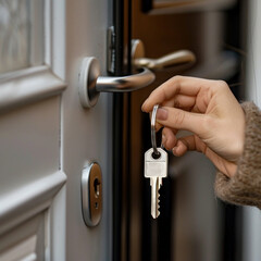 Hand holding house key ready to unlock door