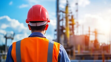 Engineer in safety vest and red helmet observes an industrial refinery plant under a bright sunny sky. : Generative AI