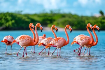A group of vibrant pink flamingos standing gracefully in a tropical lagoon setting