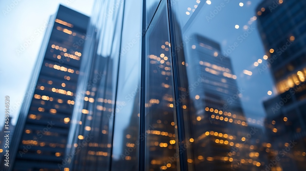 Poster reflective city skyscrapers at dusk, showcasing bokeh lights and modern architecture. the image offe