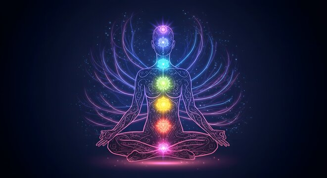 Colorful Abstract Representation of Chakra and Energy Flow in a Meditative Pose on Dark Background