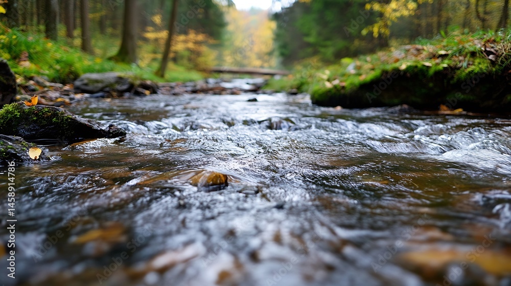 Aufkleber close-up view of a flowing stream in an autumnal forest, with shallow water revealing smooth rocks a