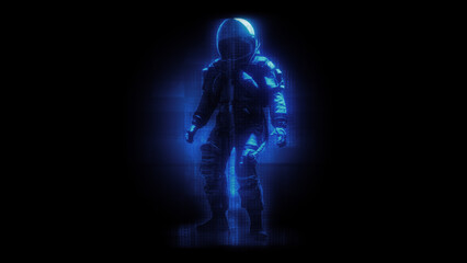 An astronaut character in a digital holographic effect style.
