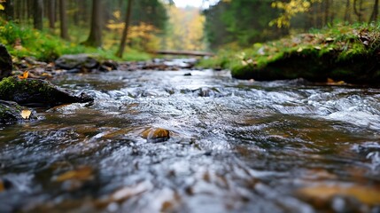 Close-up view of a flowing stream in an autumnal forest, with shallow water revealing smooth rocks and fallen leaves. : Generative AI