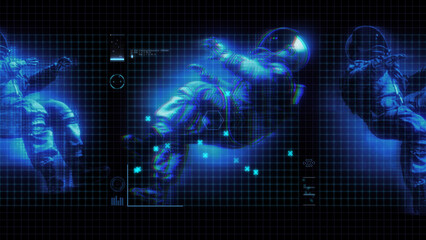 A tech HUD screen with digital interface elements and grid, featuring a holographic astronaut.