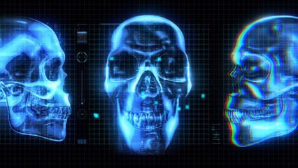 A tech HUD screen with digital interface elements and grid, featuring holographic skulls.