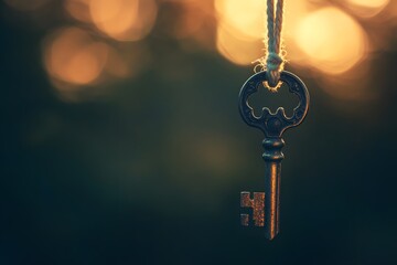 Antique key hanging in soft focus against bokeh light and natural background