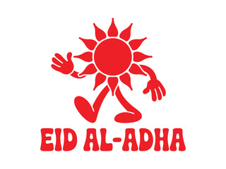 Cartoon sun character waving, celebrating Eid Al-Adha.