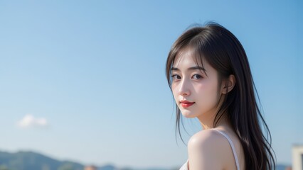 Beautiful Asian Woman with Long Black Hair on a Sunny Day, Outdoor Portrait. Serene Beauty, Youthful Elegance.