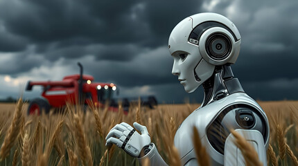 A white humanoid robot machine inspecting a ripe wheat crop, with a tractor-shaped red robot machine harvesting the wheat in the background, Generative Ai
