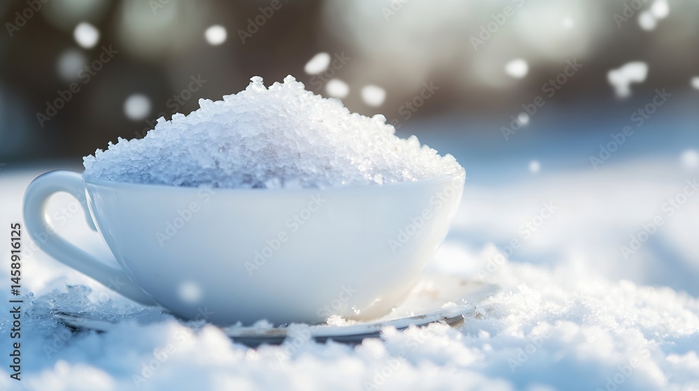 Aufkleber A white teacup filled with freshly fallen snow sits on a saucer in the snow, with snowflakes gently falling around it, creating a serene winter scene. : Generative AI