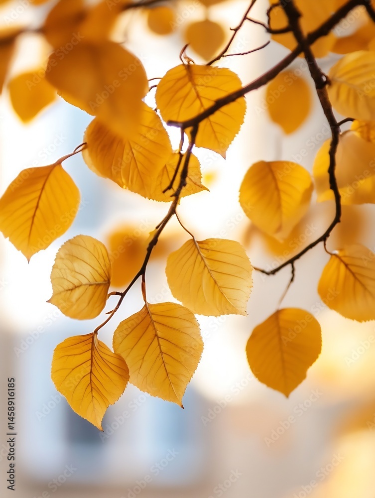 Leinwandbilder Close-up of golden autumn leaves on a branch, backlit by sunlight, creating a soft, dreamy effect.  The leaves show intricate venation and subtle color variations. : Generative AI