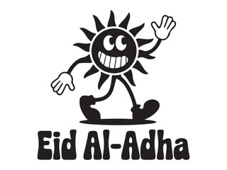 Cartoon sun character waving, celebrating Eid Al-Adha.