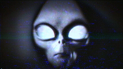 A dark eerily lit digital alien face with glitch and glow effects.