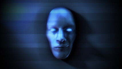 A dark eerily lit digital face with glitch and glow effects.