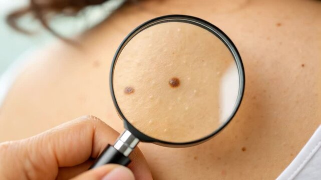 Detecting Cancer Concept,Skin Examination with Magnifying Glass Monitoring Moles for Optimal Health in Dermatology