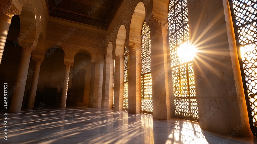 Poster Sunbeams illuminate a grand hall with ornate columns and intricate lattice windows, casting warm golden light across the marble floor. : Generative AI