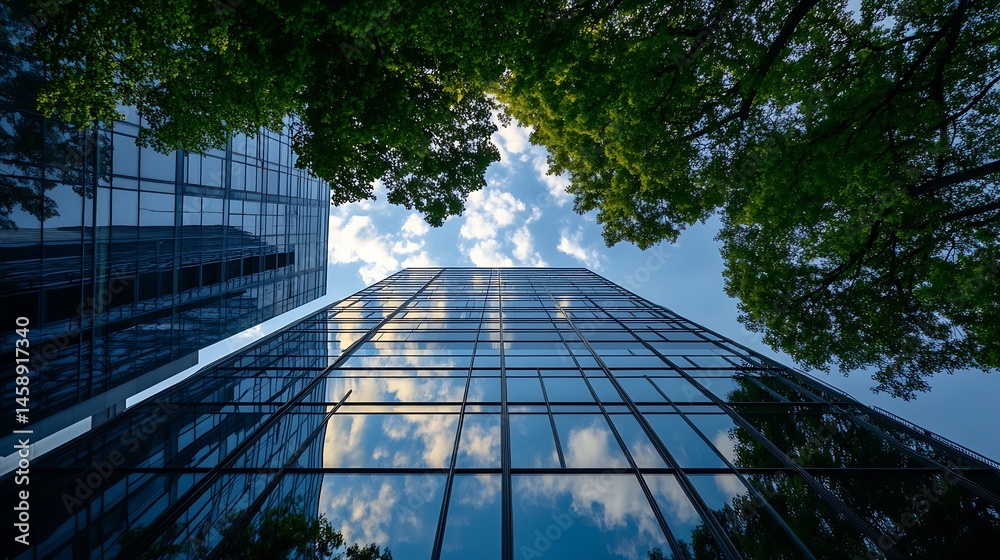 Poster modern glass skyscraper reflecting blue sky and clouds, framed by lush green tree branches overhead,