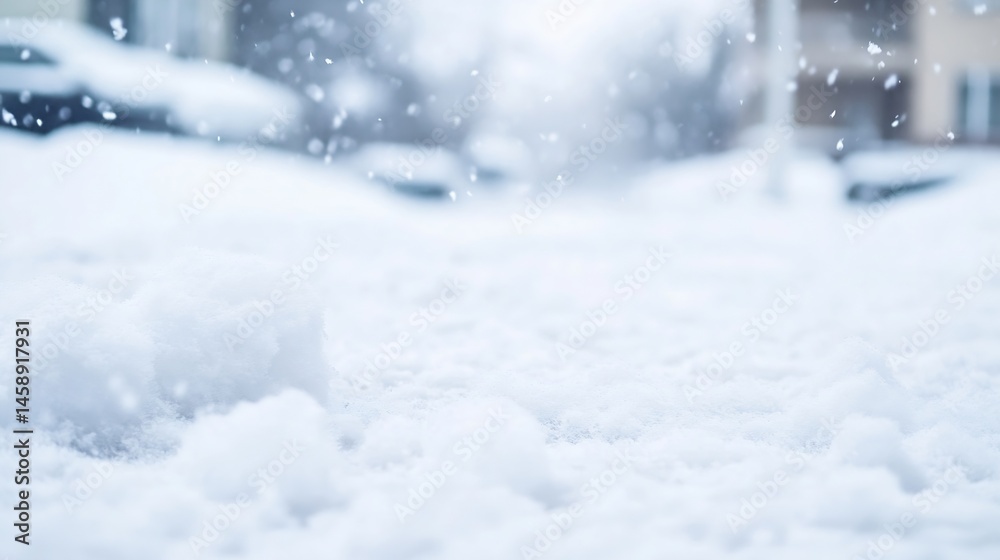 Leinwandbilder close-up view of fresh snow accumulating on the ground, with softly blurred buildings and falling sn