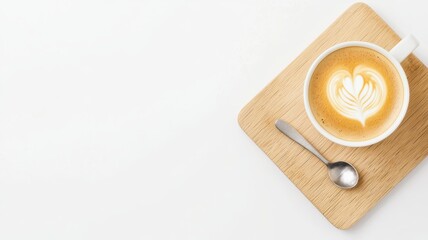 A minimalist latte served on a wooden table, showcasing barista skills in a coffee shop setting.
