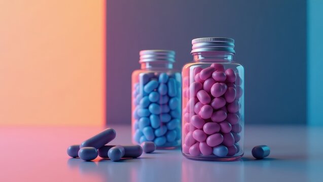 Thorne supplements. Sugar Coated Utopia. Abstract futuristic concept. Sugar-coated utopia presents two jars of candy and pills on table, symbolizing false promise.