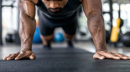 Fototapeta premium Close-up of a muscular man's hands during a plank exercise in a gym, showcasing strength and fitness, with a blurred background. : Generative AI