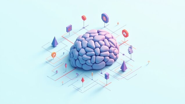 Threat Intelligence. Mental Overload. Isolated 2D Isometric Illustration. Cluttered brain illustrates overwhelming threat of mental overload in chaotic, yet calming blue environment.