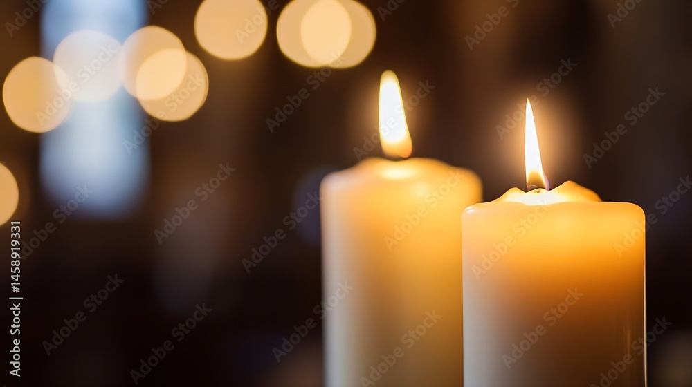 Poster two lit candles glow softly against a blurred background of warm, golden lights, creating a serene a