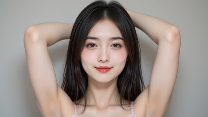 Fototapeta premium Young Asian Woman with Hands Behind Head, Portrait in Studio, Natural Beauty, Skin Care, Wellness, Lifestyle, Close Up