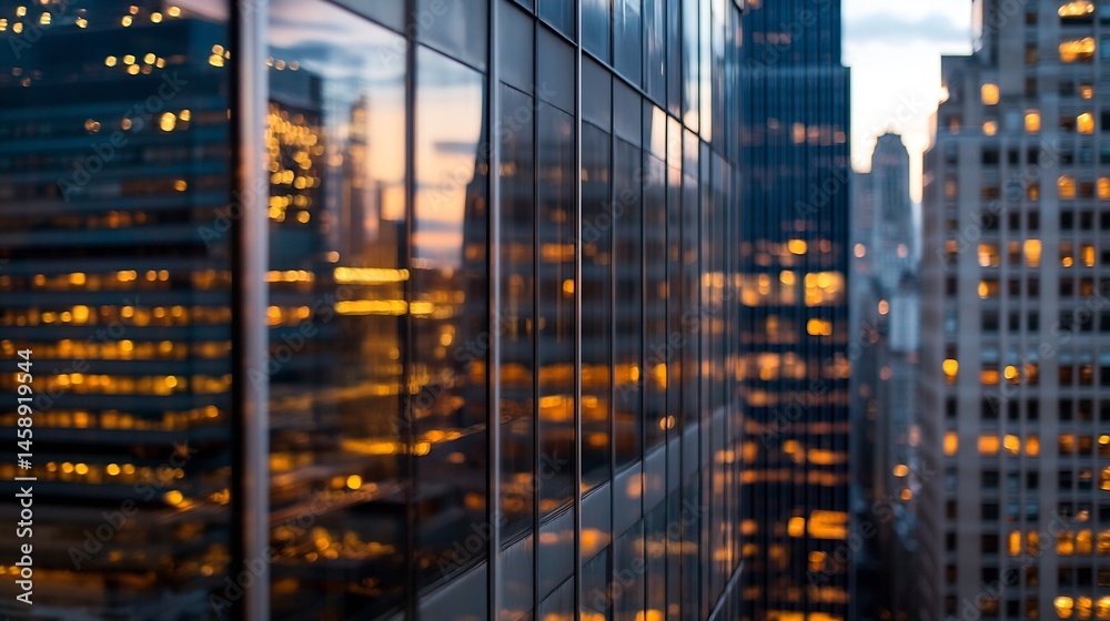 Poster Reflective cityscape at dusk, showcasing illuminated windows of modern skyscrapers and urban architecture, captured with a blurred bokeh effect. : Generative AI