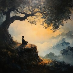 Meditative figure, tranquil landscape