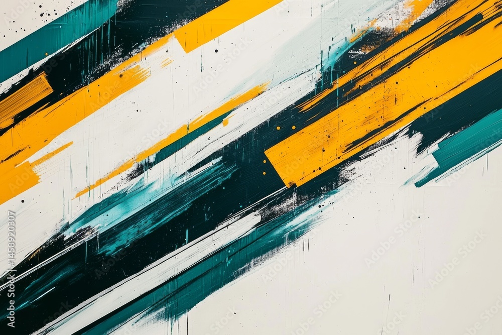 Poster abstract diagonal data streams teal and mustard brush strokes with pixelated texture on white canvas