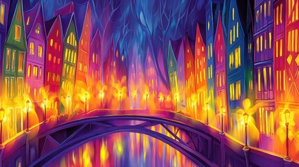 Vibrant night scene of bridge over canal with reflective water and colorful buildings in painterly style