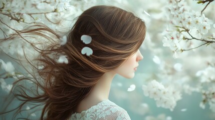 Naklejka premium Beautiful model girl with Brown hair strand in spring season,silky healthy chestnut wavy hair strand,hair wavy ribbon, with smooth,Keratin straightening,Treatment,straight long hair,procedures.