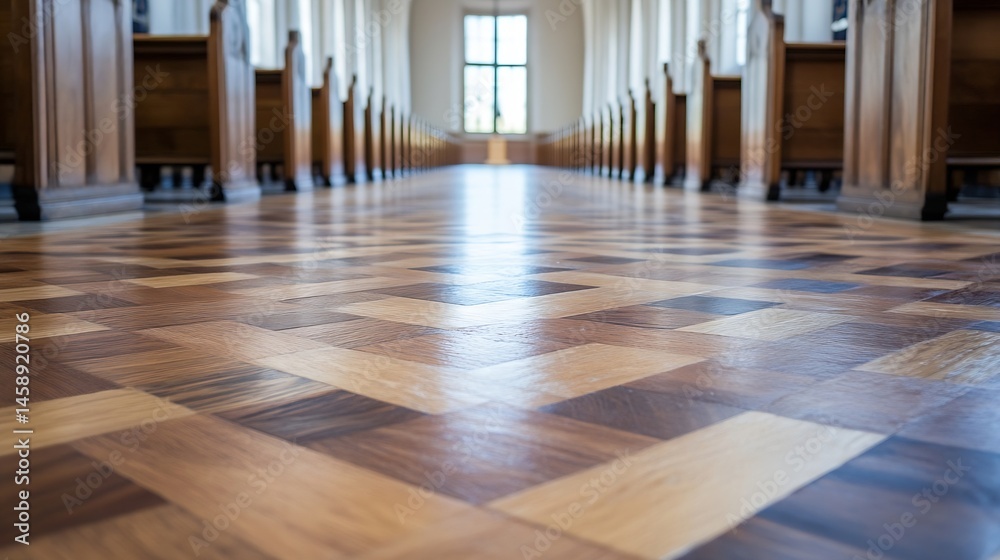 Poster a perspective view of a church aisle's parquet floor, showcasing a geometric pattern of light and da