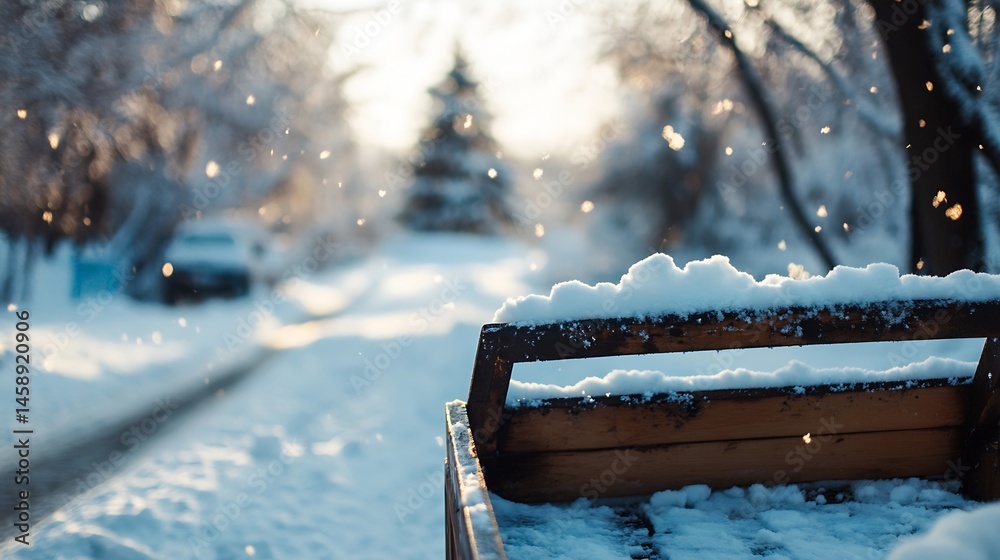 Leinwandbilder snowy winter scene featuring a wooden box covered in fresh snow, with a blurred background of trees 