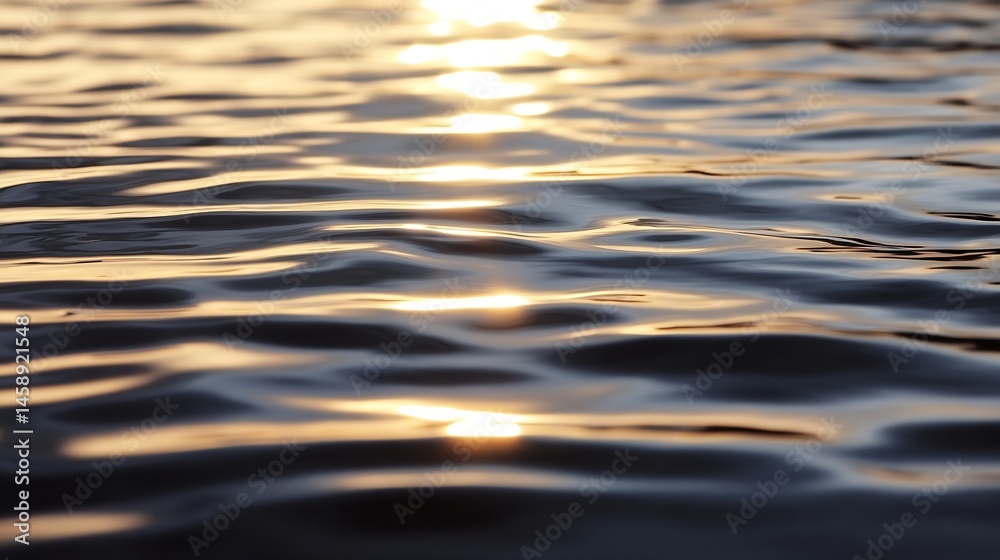 Poster Golden sunlight reflecting on gently rippling water surface at sunset, creating a mesmerizing texture of light and shadow. : Generative AI