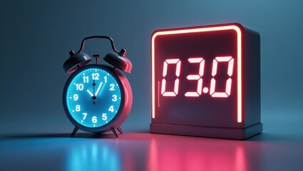 Timeboxing. Sleep divorce Hyperautomation Adhd timer Slow-wave async Thirdfort snooze Clockodo Author clock Blue vintage alarm and digital neon showing 3:00 on dark reflective surface, night concept,