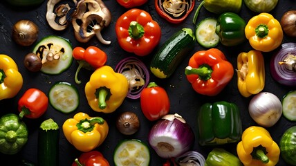3D render of grilled mixed vegetables (zucchini, bell peppers, mushrooms, onions), arranged aesthetically on a dark stone plate, rustic style, black background, close-up detail,Generative Ai
